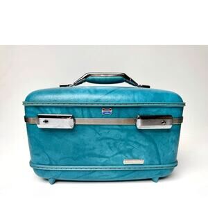 Vintage American Tourister Train Case Blue Marble 14 Inch